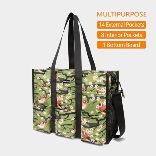 TOPDesign Utility Water Resistant Tote Bag with 22 Pockets, Zipper Closure - color: Bird, size: Large