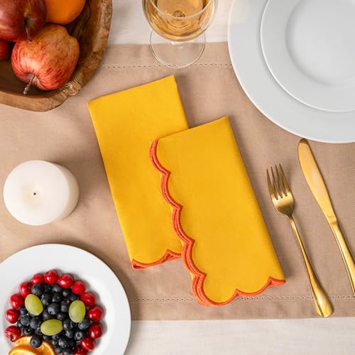 Blue Needles Cotton Scalloped Embroidery Cloth Napkins 17X17Inch - Set of 4 - color: Golden Yellow(edges - Orange)
