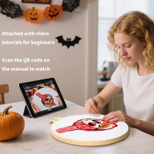 Halloween Punk Embroidery Kits for Beginners Adults, Blood Skull Embroidery Starter Kits, Halloween Cross Stitch Kits for Beginners Adults Hobbies for Women, Embroidery Fabric, Hoop and Video Tutorial - color: H2018