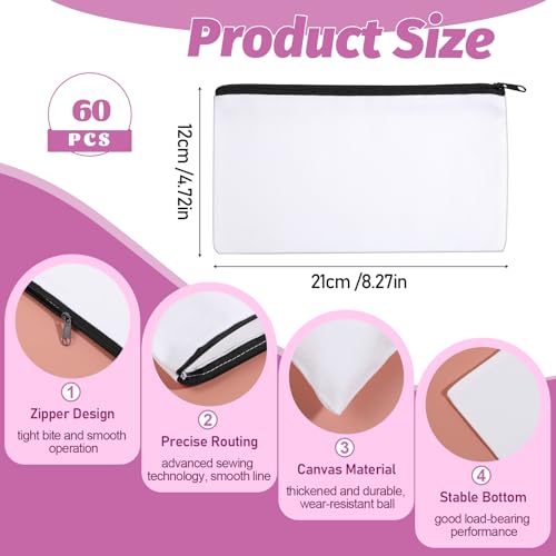 60PCS Sublimation Blank Canvas Makeup Bags, Bulk Small Canvas Bags With Zipper, Heat Transfer Cosmetic Makeup Bags, Travel Toiletry Pouch Storage, Bridesmaid Makeup Bag