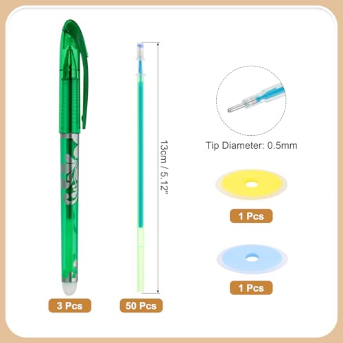 PATIKIL 3Pack Erasable Gel Pens with 50 Refills & 2 Erasers, 0.5mm Heat Erasable Pens for Fabric Green Ink Fabric Markers for Sewing Quilting Planner Writing - color: Green