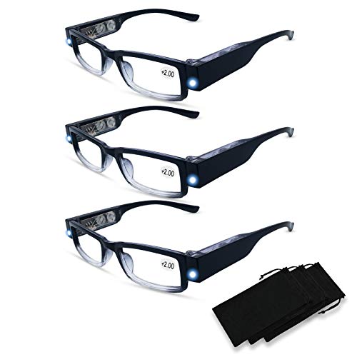 3 Pack Reading Glasses with Lights and Magnifier Reading Glasses with Lights in The Frame Bright Led Readers Magnifying Glass with Light for Men Women Led Readers Eyeglasses+2.0