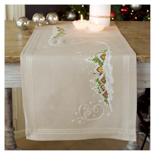 Vervaco Embroidery Christmas Embroidery Kits Cross Stitch Table Runner DIY Set, Tablecloth to Embroider with Image on Cotton and Embroidery Thread, 16 x 40 Inches, Snow Village - color: Multicolor