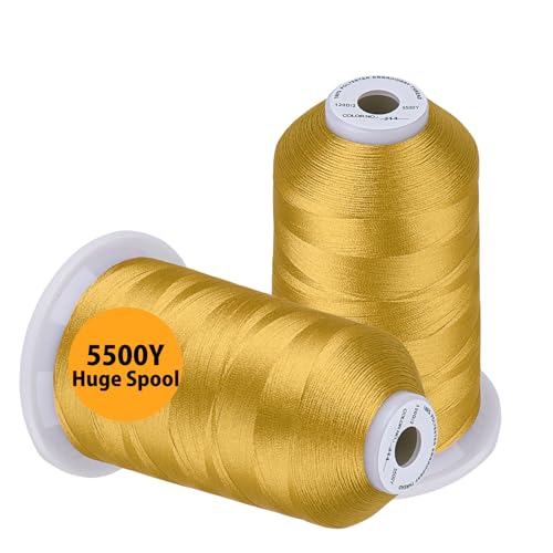 Simthread Embroidery Thread 5500 Yards Gold 214, 2 Huge Spools 40wt Polyester for Brother, Babylock, Janome, Singer, Pfaff, Husqvarna, Bernina Machine - color: Gold
