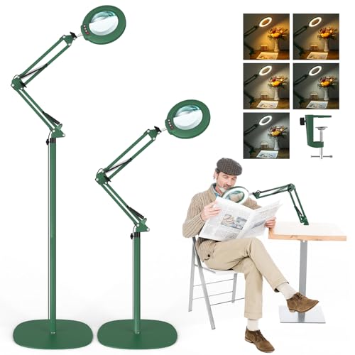 12X Magnifying Glass with Light and Stand, Real Glass Lens (Not Acrylic), 5 Color Modes, Stepless Dimmable, LED 3-in-1 Floor Lamp, Swing Arm with Clamp, Lighted Magnifier Hands Free for Crafts - Green - color: Green