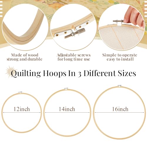 CroBlissful 3 Pcs Large Embroidery Hoop 12 14 16 Inch Round Wooden Kit