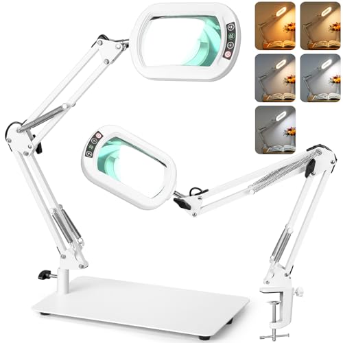 Veemagni 12X Rectangle Magnifying Glass with Light and Stand, 5 Color Modes Stepless Dimmable, 2-in-1 LED Lighted Desk Lamp & Clamp, Hands Free Magnifier for Reading Crafts Painting Close Work - White - color: White