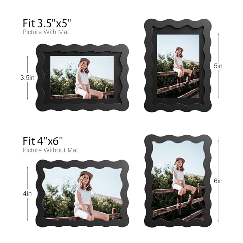 4x6 Picture Frame with Mat for 3.5x5, Wavy Edge Wooden Real Glass Photo Frame for Tabletop and Wall Hanging, Black, 1 Pack - color: Black, size: 4x6 in