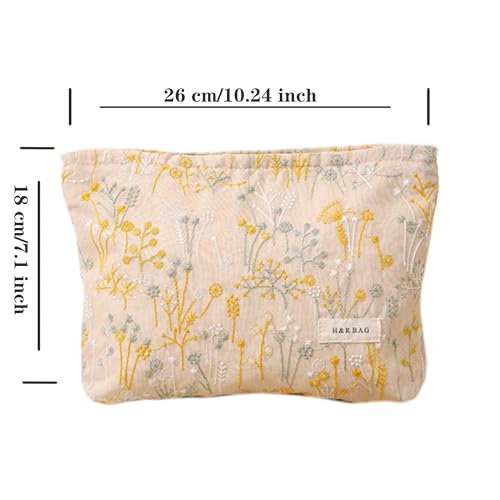 RANIT Chic Plant Embroidery Canvas Cosmetic Bag - Ramie Linen Handheld Travel Toiletry Organizer (Beige, Large) - color: Beige, size: Large
