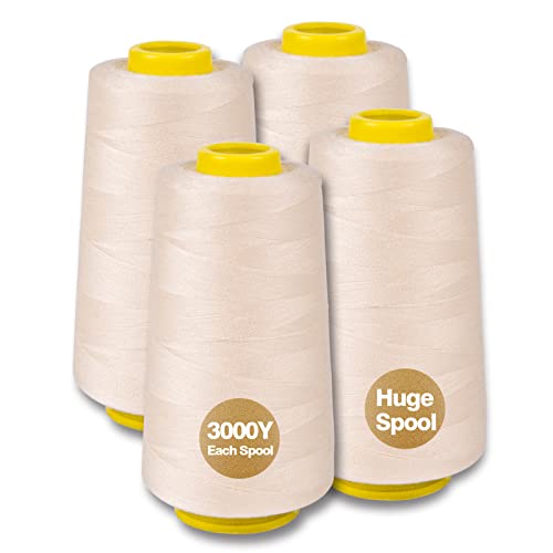 Ivory Serger Thread, All-Purpose Thread for Sewing, Polyester, 4 Cones of 3000 Yards Each Spool for Sewing Machine - color: 4 Ivory