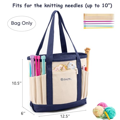 MYBAGZING Canvas Yarn Storage Organizer Bag Washable Crochet Bag with Pockets for Yarn, Hooks, Needles – Travel Knitting Tote for Crafters – Gift for Crocheters & Knitters (Medium/Large) - color: Nature-Navy, size: Medium-12.5“