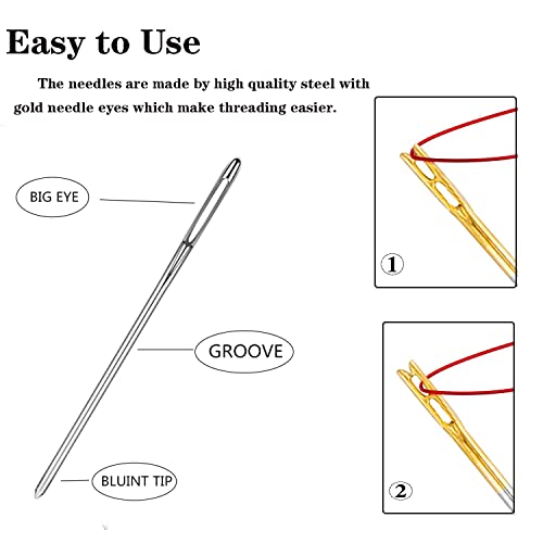Fbshicung 24 Pieces Self Threading Needles Double Hole Needles, 6 Pieces Large Eye Stitching Needles Sewing Needles with 2 Pieces Wooden Needle Case Carving Pattern Case for Sewing Embroidery