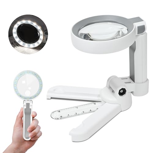TECHSHARE 6X Rechargeable Magnifying Glass with 16 LED Light, Foldable Handheld Stand, Lightweight LED Magnifier for Reading Books/Newspaper/Small Print, Gifts for Mom Dad Grandma Grandpa Seniors - size: 6X-11.5X