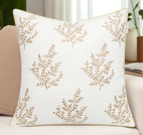 VAGMINE Embroidered Fern Leaf 18x18 Throw Pillow Cover, Ivory - color: Ivory-leaves, size: 18" x 18" (Pack of 1)