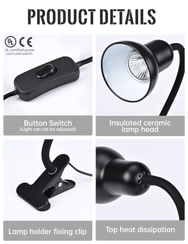 Clip On Gooseneck Lamp - 300W Max, Ceramic Fire-Resistant E26 Socket, Classic Durable Switch, Adjustable Flexible Clamp Light for Desk, Workbench, Bed Headboard, Table, Grow (Standard Clip Desk Light) - color: Standard Clip Desk Light