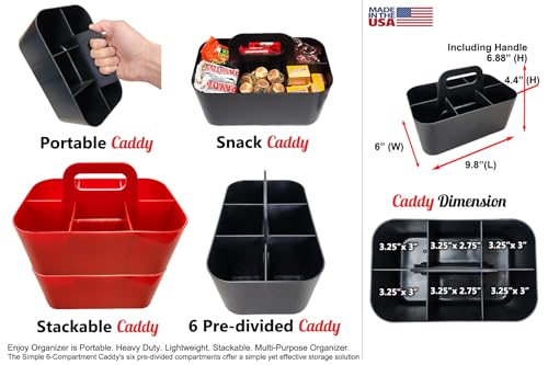 2 Pack Small 6 Compartment Multiuse Caddy Organizer with Handle Art Craft Supplies, Office, Desk, Stationery Pen Holder Stackable- Made In USA (Red) - color: Red