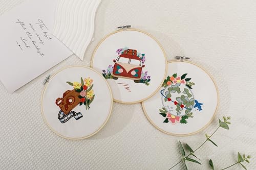 Looples Embroidery Kit for Beginners and Adults with Video Tutorials - Complete Embroidery Starter Kit with 3 Stamped Floral Patterns, Hoops, Threads, Needles, and Instructions (Car, Globe and Camera) - color: Car, Globe and Camera