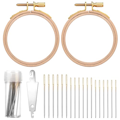 2PCS 3 Inch Wooden Embroidery Hoops, 30PCS 3 Sizes Embroiderys Needles, and 1PCS Needle Threader, Wood Circle Cross Stitch Hoops Ring Small Embroidery Hoop Frame Embroiderys Ring for Art Craft Sewing