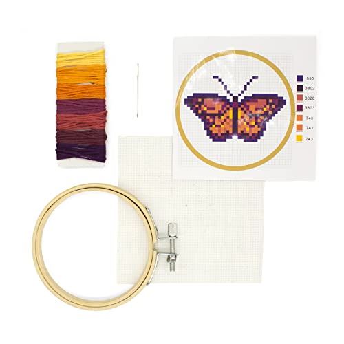 Kikkerland DIY Mini Cross Stitch Butterfly Embroidery Craft Starter Kit Set, with Pattern Instructions, 3" Bamboo Hoop, Stress Relief, Adult Beginner Friendly - color: Bamboo, Polyester floss, 90% cotton 10% polyerster fabric