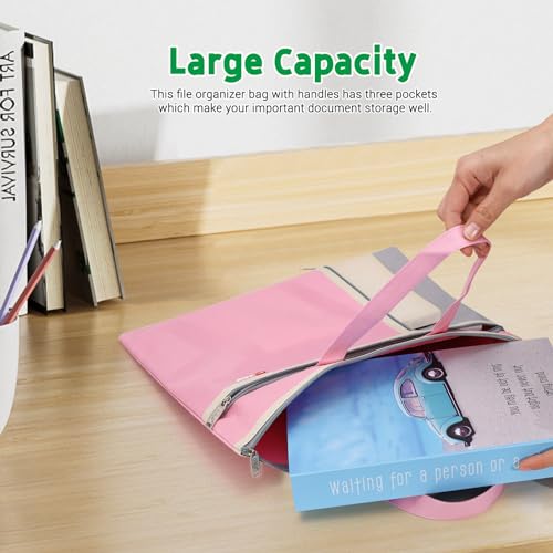 2Pcs A4 Waterproof Document Bag File Organizer, 3 Pockets Oxford Zipper Pouches for Organizing with Handle, Notary Bag for Paper Books Project Tote Bag, Green and Pink