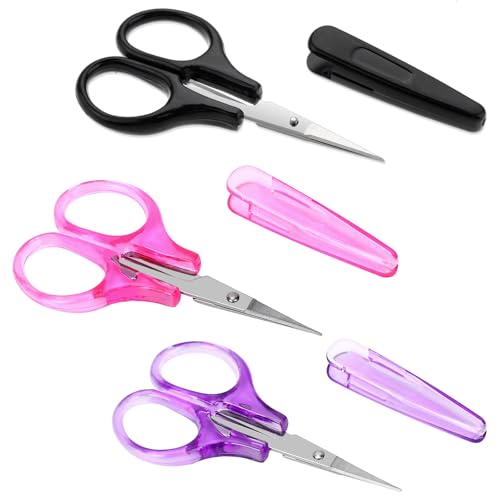 3Pcs Mini Detail CSmall Scissors All Purpose Craft Scissors Stainless Steel Scissors with Protective Cover Precision Straight Fine Tips Design for Paper Cutting,Scrapbooking - color: Black,pink,purple