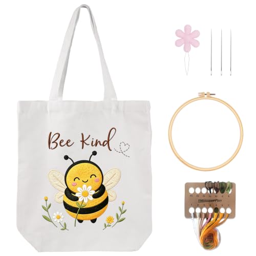 Nuberlic Bee Embroidery Tote Bag Kit for Beginners Stamped Embroidery - color: Bee