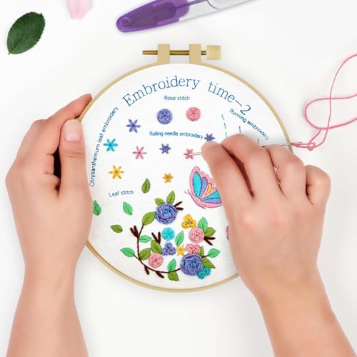 ERKOON 4 Pack Beginner Embroidery Kits for Adults DIY Starter Kit with 33 Stitch Techniques, Stamped Patterns, Embroidery Hoop, Colorful Threads, Tools, Step by Step Instructions & Video Tutorial - color: Embroidery-time1/2/3