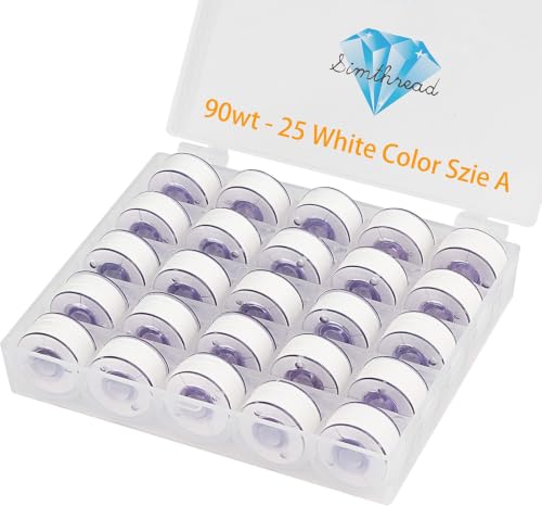 Simthread 25pcs 90WT White Prewound Bobbin Thread Size A Class 15 (SA156) with Clear Storage Plastic Case Box 60S/2 Compatible with Brother Embroidery Thread Sewing Thread Machine DIY - color: 90wt White