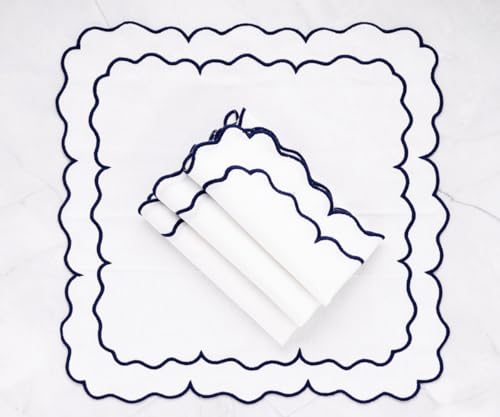 Navy Blue and White Napkins, Embroidered, 100% Cotton, Scalloped Hem Napkin, Set of 4, Blue Dinner Napkins Cloth, Farmhouse, Wedding, Reusable & Washable, 18x18 - color: Navy Blue/White