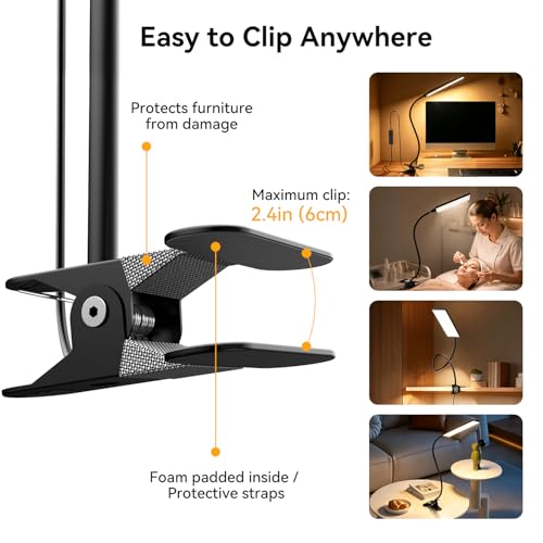 Clip‑On Desk Lamp, USB Powered Book Light, 5W LED Reading Lamp - color: Dark Black