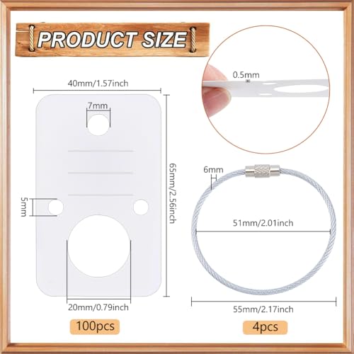 BENECREAT 100Pcs Rectangle Floss Thread Drops, White Paper Winding Thread Card, Embroidery Thread Bobbins Organiser with 4Pcs Iron Hanging Ring for Sewing Storage DIY Crafts