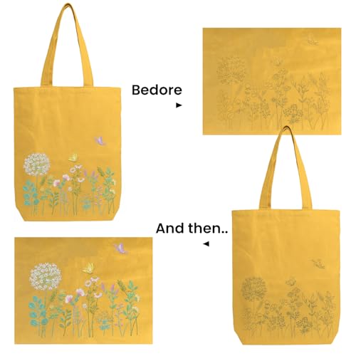 CREAWONDER Canvas Tote Bag Embroidery Kit with Pattern for Beginners, Arts and DIY Embroidery Crafts Kits for Adults, Include Instructions, Embroidery Hoops, Color Threads and Tool - color: CR002 banmeng yellow