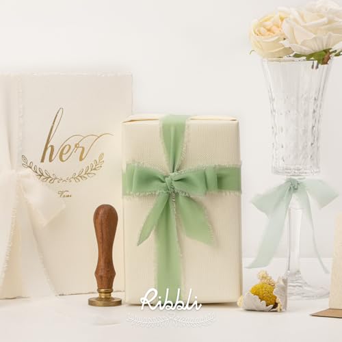 Ribbli Green Ribbon 1 Inch x 3 Rolls Total 24 Yards Ivory/Sage/Forest Green Handmade Fringe Chiffon Silk Ribbon for Wrapping Wedding Invitations Bridal Bouquets DIY Crafts Home Decor - color: Cream/Creamy Sage/Sage
