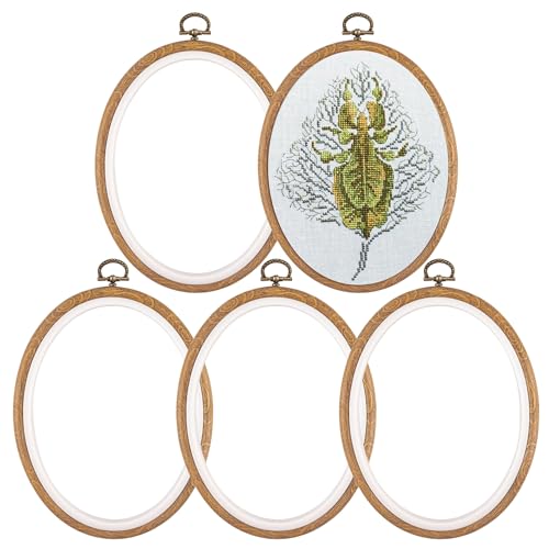 Framendino, 5 Pack Embroidery Hoops 7.5x5.9 Inch Imitated Wood Display Frame Oval Cross Stitch Hoop Ring for Hanging Ornaments - color: 7.5 x 5.9"