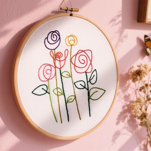 Easy Flower Embroidery Kits for Beginners Adults, Minimalism Embroidery Starter Kits, Counted Cross Stitch Kits for Beginners Adults Hobbies Set for Women, Embroidery Hoops, Thread and Video Tutorial - color: H2027