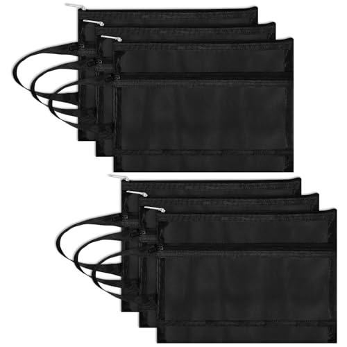 6 Pack Mesh Zipper Pouch Bags, Double Layer Nylon Pouch with Handle for Office Travel Organization (Black, A5) - color: Black, size: A5