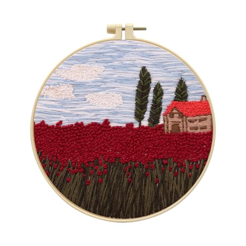 Zhenqing Red Flower Field Embroidery Kit for Beginners, Country Landscape Needlework Kit with Pre-Printed Fabric, Hoop, Threads & Tools, Cottage Wall Decor (S-CX0207) - color: Red Flower Field