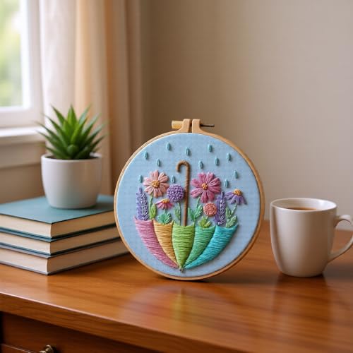 JJFox Embroidery Kit for Beginners and Adults, DIY Hand Embroidery Starter Kit with Cute Pattern, Cross Stitch Needlepoint Set with Hoop, Threads and Instructions (Flower-3) - color: Flower-3