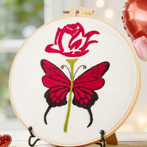 Butterfly Rose Embroidery Kits for Beginners Adults, Valentine's Day Hand Embroidery Kits, Cross Stitch Kits for Adult Anniversary Valentine's Gifts, Entire Set of Embroidery Supplies & Video Tutorial - color: H2068
