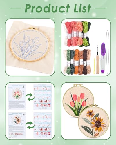 ERKOON Punch Needle Kit Adults Beginners, 2 Pcs DIY Easy Flower Embroidery Set for Starter Art Craft, Needling Punching Project with Patterns, Tools, Yarns, Hoop, Instruction (Sunflowers & Tulips) - color: Sunflowers & Tulips