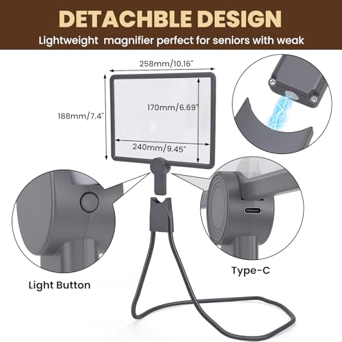 Neck Magnifying Glass with Light, 3-in-1 5X Magnification, 48 LEDs, Acrylic Lens, Adjustable Gooseneck, 3 Color Brightness Settings, Rechargeable, for Seniors Reading & Craft (Grey)