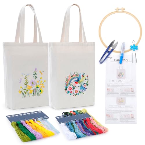 BERYA 2 Pack Canvas Tote Bag DIY Needlepoint Embroidery Kit for Beginners - color: Summer Garden& Fly song