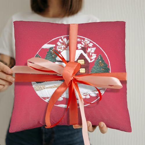 FONNUY Christmas Embroidery Kit for Beginners, Throw Pillow Case Cross Stitch Set Winter Snow House Holly Tree Pattern for Adults, Hand Works Crafts Throw Pillow Cover, 18 x 18'' (Red) - color: Red