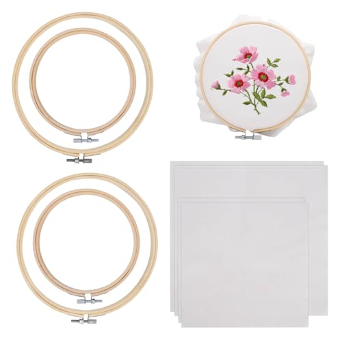 4 PCS Embroidery Fabric with Frame 2 Sizes, 4 Bamboo Embroidery Hoops and 4 Pre-Cut White Cotton Fabric Squares, Cross Stitch Hoops and Frames, for Art Craft Sewing