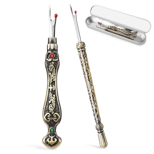 2Pcs Vintage Seam Rippers, Metal Stitch Remover Set, European Carved Handle Stitch Ripper, Sharp Durable Handy Crafting Removing Threads Tools for Needlework, Leatherwork (Antique Brass AB) - color: Antique Brass AB