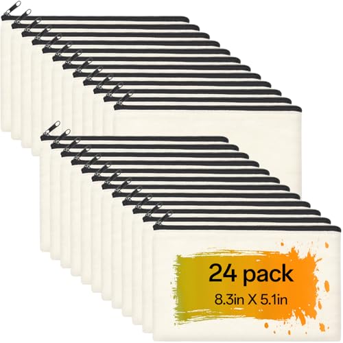 ZeeDix Small Canvas Zipper Pouch for Makeup Pencil Travel Storage 8.3x5 In - color: Beige, style: 24 Pcs