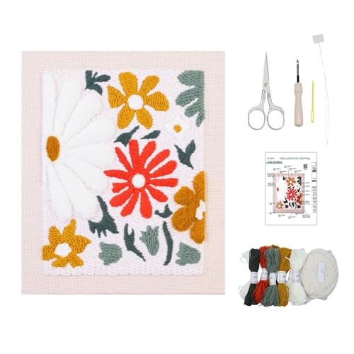 Mooncci 11.8 Inch Punch Needle Kit for Adult Beginners, Complete Embroidery Kits with Pre-Stretched Fabric on Wooden Frame, Tools & Guide for Home Wall Decor and Holiday Gift (Light Flowers) - color: Light Flowers