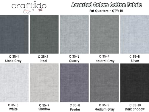 Craftido - 11 Options Solids with Tweed Tonals - Assorted Color Cotton Quilting Fabric Bundles 10pcs Fat Quarters 18"x21" - Medium Weight 5.2oz - for Quilting, Sewing and Crafts - Monochrome - color: Monochrome