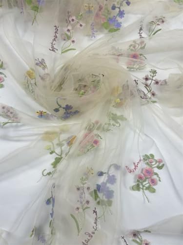 Elegant White Lace Fabric Tulle Fabric by Yard Colorful Floral Embroidery, 35x51in - Soft Tulle for DIY Dresses & Wedding Gowns, Hand Wash Only (Apricot, 3 Yard（105 x51in）) - color: Apricot, size: 3 yard（105 x51in）