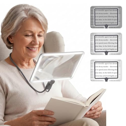 Neck Magnifying Glass with Light, 3-in-1 5X Magnification, 48 LEDs, Acrylic Lens, Adjustable Gooseneck, 3 Color Brightness Settings, Rechargeable, for Seniors Reading & Craft (Grey)